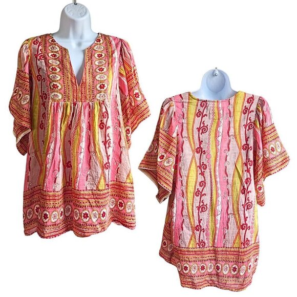 ALICIA BELL Pink Gold Silk-Cotton Short Sleeve Boho Peasant Top Sz L - Picture 1 of 6